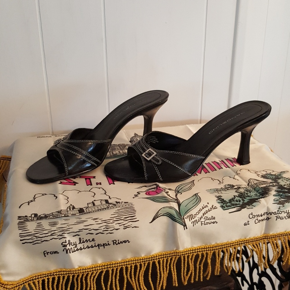 Black open toe mules with heel & buckle